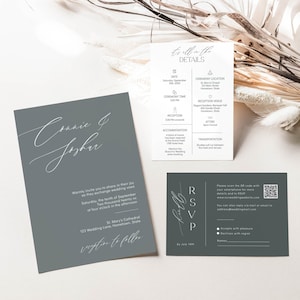 Plantilla de invitación de boda verde salvia con iconos de boda, paquete de invitación bohemio moderno con código QR RSVP, edita con Corjl