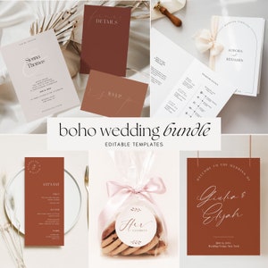 Boho Wedding Invitation Template Suite in Terracotta and Burnt Orange, Bohemian DIY Wedding Stationary Bundle, Instant Download