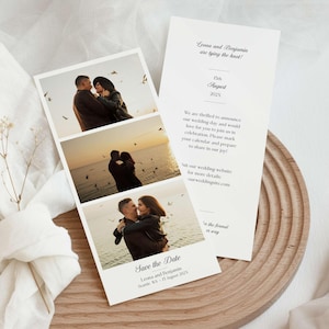 Photo strip Save the Date Template with Script Font, Modern DIY wedding photo booth announcement printable, Instant download, Edit in Corjl