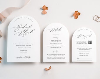 Arch Wedding Invitation Template Suite with QR code, Printable Minimalist Arch Invitation Set with Calligraphy Font, Edit in Corjl