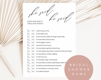 Minimalist He Said She Said Game, Bridal Shower Game, Printable He Said She Said Game, Edit with Corjl