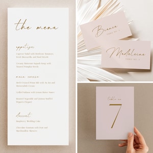 May include: A menu for a wedding reception with a list of appetizers, main courses, and desserts. The menu is printed on a light brown card with gold lettering. The table numbers are printed on pink cards with gold lettering.