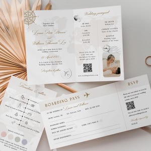 Modèle imprimable de faire-part de mariage passeport, carte d&#39;embarquement beige et or élégant faire-part de mariage à destination, suite de mariage de voyage