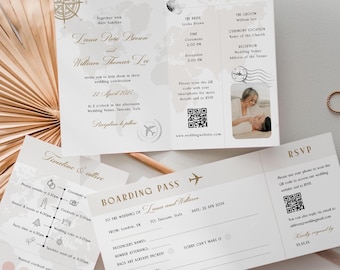 Printable Passport Wedding Invitation Template, Elegant Beige and Gold Boarding Pass Destination Wedding Invite, Travel Wedding Suite