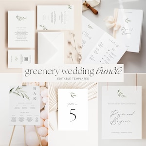 May include: Greenery wedding bundle with editable templates. Includes a welcome sign, table number, bar menu, and RSVP card with a leafy green design.