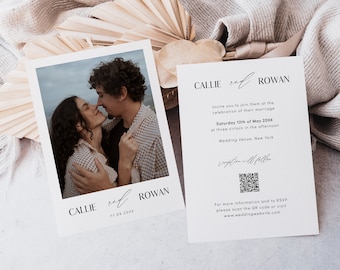 Elegant wedding invitation template with photo and QR code, Minimalist simple wedding invite, Printable editable modern invite