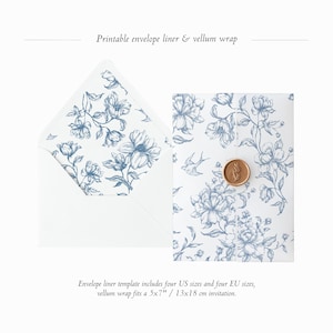 Printable Envelope Liner + Vellum Wrap Template Set, Floral Vintage Wedding Envelope Liner, Dusty Blue Floral Vellum Jacket, Vellum Fold