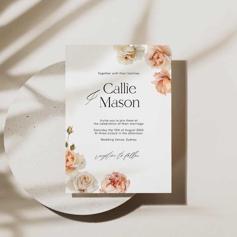 Rose wedding invitation template, Boho floral wedding invite with blush roses, Printable editable watercolor flowers image 1