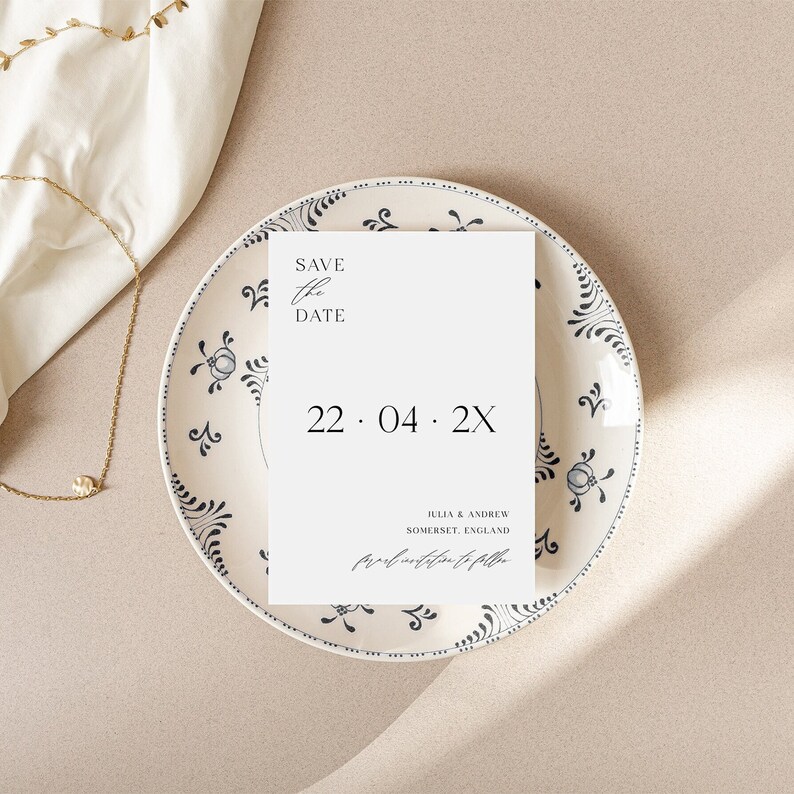 Modèle d'invitation imprimable Retenez la date, faire-part de mariage élégant et minimaliste Retenez notre date, invitation moderne simple, édition en Corjl image 1