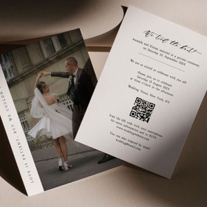 Photo elopement announcement template with QR code, Minimalist modern we eloped invitation card printable with photograph, Instant download