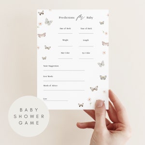 Jeu imprimable de prédictions et de conseils pour baby shower avec des papillons, jeux de baby shower, souhaits pour les futurs parents, modèle pour bébé