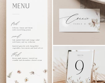 Floral Wedding Menu and Place card Bundle with Table Number, Modern Menu Template, DIY Table setting Set with White Flowers, Edit in Corjl