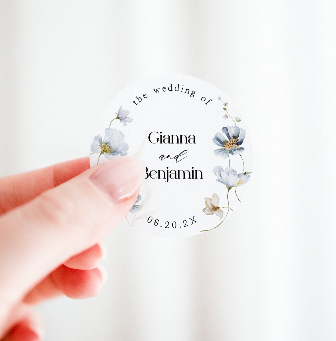 Printable Wedding Stickers Template With Blue Flowers, Round Floral ...
