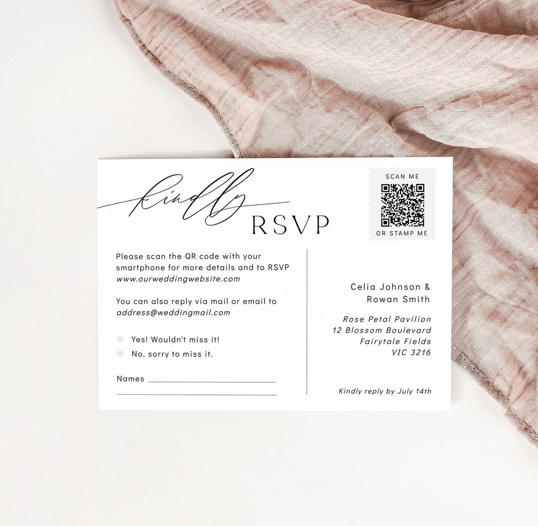 Mailable RSVP Postcard With QR Code and Stamp Place Minimalist Modern Mailable RSVP Postcard With QR Code and Stamp Place Minimalist Modern