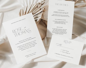 Modern Wedding Invitation Template Suite, Printable Simple Elegant Wedding Invite Suite, Edit in Corjl