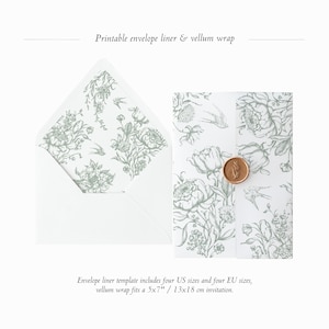Printable Envelope Liner + Vellum Wrap Template Set, Floral Vintage Wedding Envelope Liner, Sage Green Floral Vellum Jacket, Vellum Fold