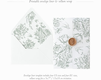 Printable Envelope Liner + Vellum Wrap Template Set, Floral Vintage Wedding Envelope Liner, Sage Green Floral Vellum Jacket, Vellum Fold