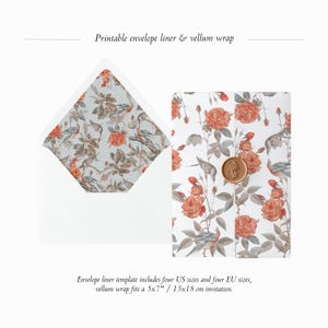 Printable Lovebirds Envelope Liner and Vellum wrap Template, Vintage Floral Wedding Liner and Vellum jacket, Fine Art Floral Liner & Wrap