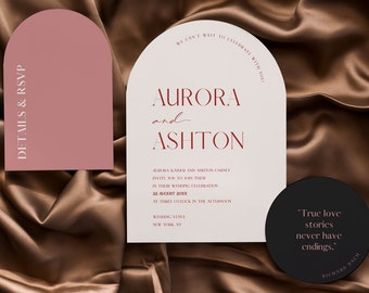 Suite de modèles d'invitations de mariage Arch avec code QR, rose bohème, fard à joues et noir