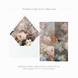 May include: Printable envelope liner and vellum wrap with a floral design. The liner template includes four US sizes and four EU sizes. The vellum wrap fits a 5x7 inch or 13x18 cm invitation.