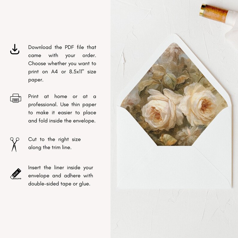 May include: White envelope with a floral design on the front. The design features a close-up of two white roses with a light brown background. The envelope includes instructions for printing, cutting, and inserting a liner.