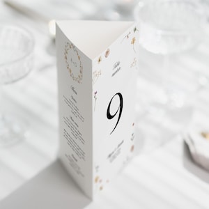 Afdrukbaar driebladig tafelbordsjabloon met bloemen, minimalistisch gevouwen trouwtafelnummer en menubord, driebladsmenu, bewerken in Corjl