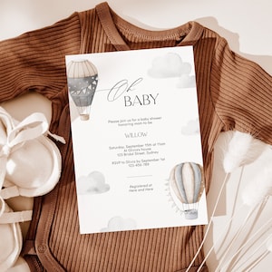 Moderne uitnodigingssjabloon voor babyshower met heteluchtballonnen, elegant avontuur wacht op babyshower, afdrukbare bewerkbare, bewerken in Corjl