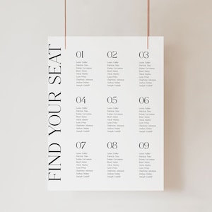 Afdrukbare bruiloft zitplaatsen grafieksjabloon, minimalistische moderne DIY bewerkbare receptie stoel kaart, direct downloaden, bewerken in Corjl