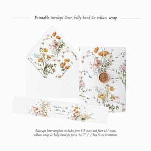 Printable Envelope Liner, Belly Band & Vellum Wrap Template Set, Floral Vintage Wedding Bundle, Spring Floral Vellum Jacket, Paper Band
