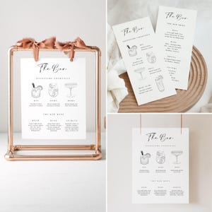 Minimalist Bar Sign Template with Cocktail Illustrations, Modern Editable Wedding Bar Signage with Signature Drinks