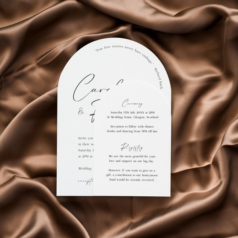 May include: A white wedding invitation with a modern arch design. The invitation features the couple's names, "Carr & t", the wedding date, "Saturday 15th July 20XX at 2PM", and the wedding venue, "At Wedding Venue, Glasgow, Scotland". The invitation also includes details about the reception, which will follow with dinner, drinks, and dancing from 5PM till late.