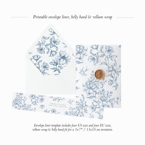 Printable Envelope Liner, Belly Band & Vellum Wrap Template Set, Floral Vintage Wedding Envelope Liner, Dusty Blue Floral Vellum Jacket