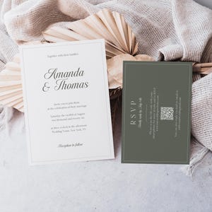 Printable Sage Green Wedding Invitation Suite Template with QR Code, Moss Green Wedding Theme, Elegant Boho Invitation Set, Edit in Corjl