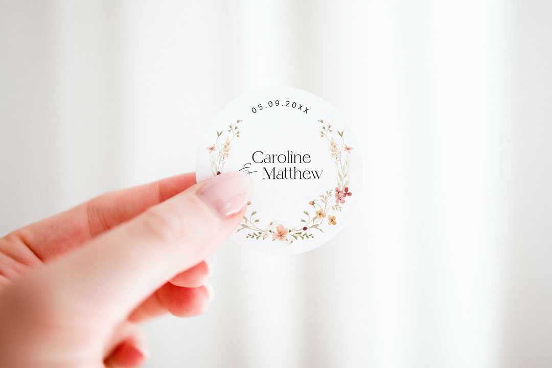 Floral Wedding Stickers Template, Round Editable Wedding Favor Label ...