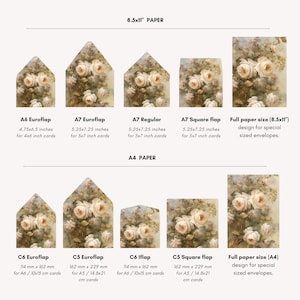 May include: A chart showing different envelope sizes with a floral design. The chart includes the envelope size in inches and the card size it fits. The chart also includes the paper size, 8.5x11 inches and A4.