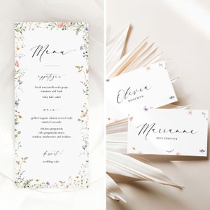Ensemble de modèles de menu de mariage floral et de marque-places, lot de menus et de cartes de visite modifiables et imprimables