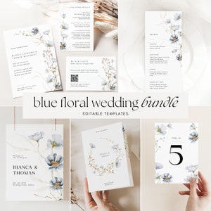 Printable Blue Floral Meadow Wedding Invitation Template Bundle, Elegant Minimalist Wildflower Wedding Set, Instant download, Edit in Corjl