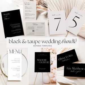 May include: Black and taupe wedding stationery bundle with editable templates. Includes a welcome sign, table numbers, menu, and place cards. The design features a modern minimalist style with black text on a taupe background.