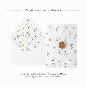 Set di modelli di fodera per buste stampabili + involucro in pergamena, fodera per buste da matrimonio vintage floreale, rivestimento in pergamena floreale primaverile, piega in pergamena