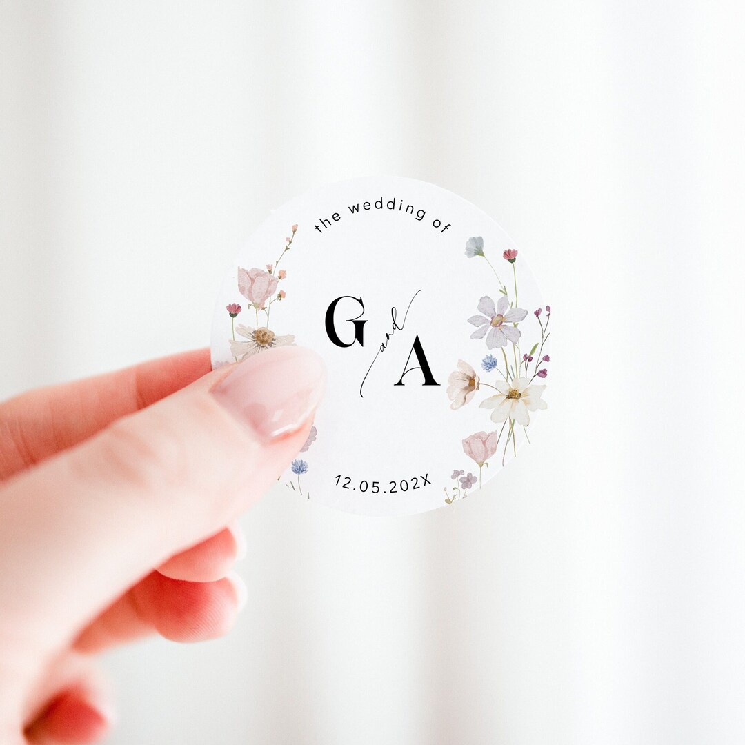 Printable Wedding Stickers Template With Delicate Flowers, Round Floral ...