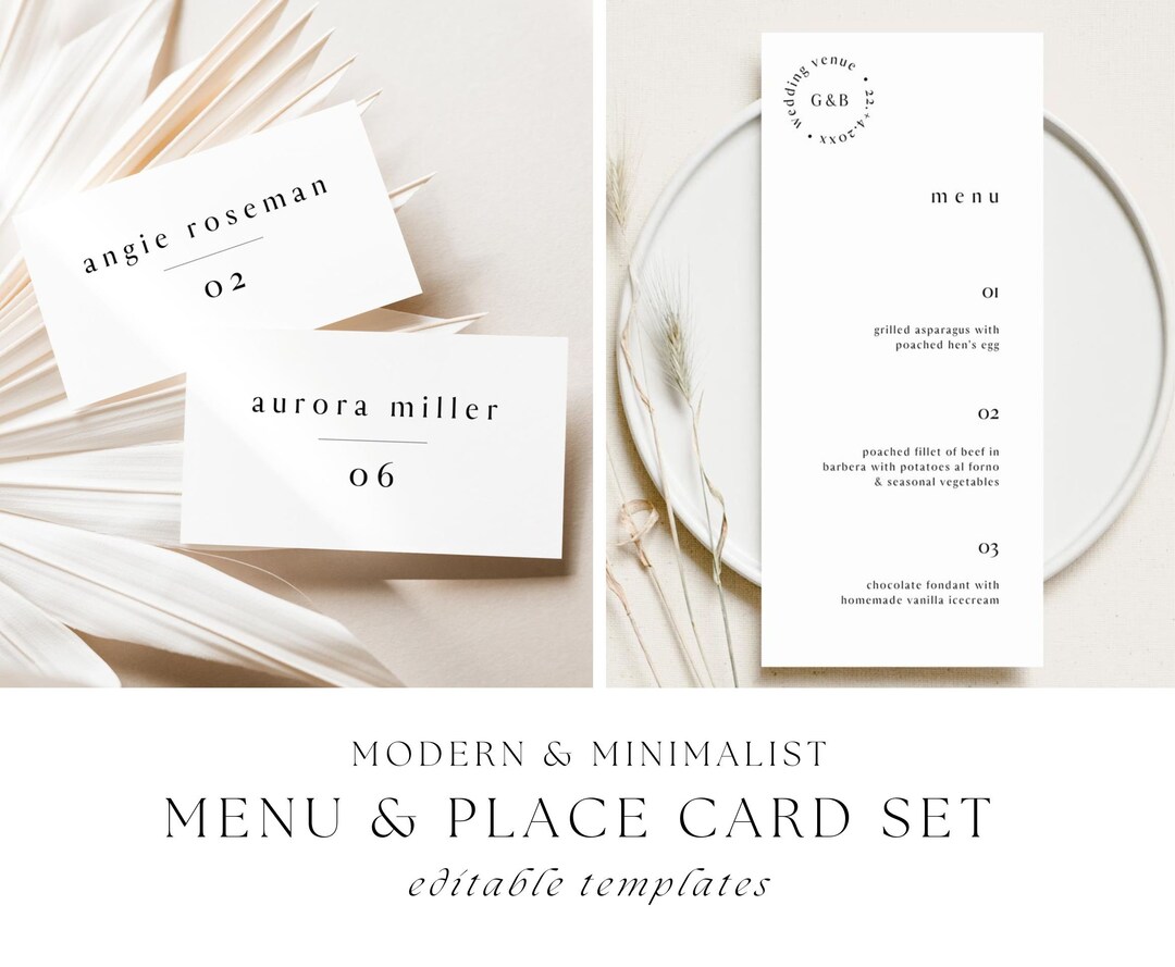 Minimalist Wedding Menu & Place Card Template Set Editable - Etsy