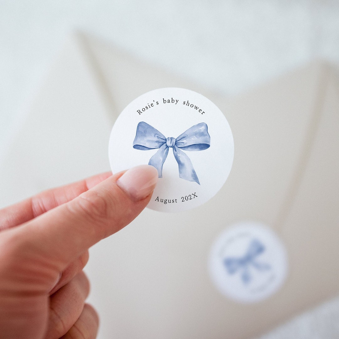 Printable Baby Shower Sticker Template With Blue Bow, Round Label Blue ...