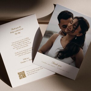 Modèle imprimable de carte de remerciement de mariage avec photo et code QR, remerciement simple et moderne, cartes de remerciement minimalistes, édition en Corjl