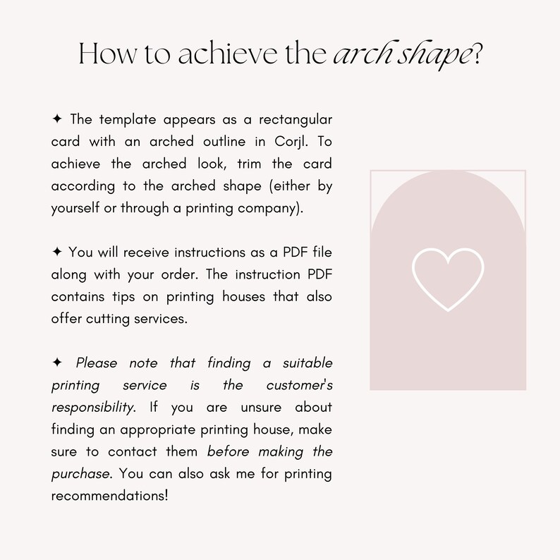 May include: A pink and white illustration of an arch shape with a heart inside. The text "How to achieve the arch shape?" is at the top of the image. The text below the illustration explains how to achieve the arch shape when printing a card.