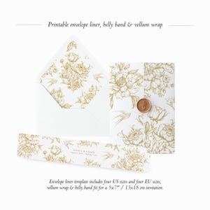 Printable Envelope Liner, Belly Band & Vellum Wrap Template Set, Floral Vintage Wedding Envelope Liner, Gold Garden Flower Vellum Jacket