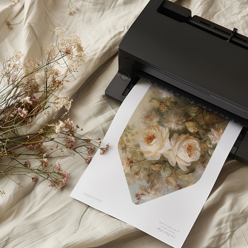 May include: A white envelope with a floral design printed on it. The envelope is being fed into a black printer. The floral design features white roses and green leaves.
