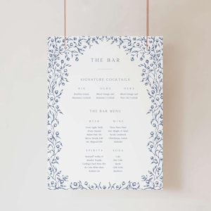 Modern Bar Sign Template with Blue Vintage Florals, Minimalist Elegant Wedding Bar Signage with Victorian Theme, Edit in Corjl
