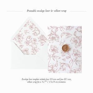 Printable Envelope Liner + Vellum Wrap Template Set, Floral Vintage Wedding Envelope Liner, Dusty Pink Floral Vellum Jacket, Vellum Fold