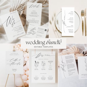 Pacchetto di modelli di inviti di nozze stampabili con calligrafia, elegante set di cancelleria fai da te per matrimoni, suite di inviti minimalisti con codice QR