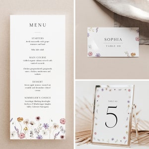 Ensemble de menus de mariage floraux, de marque-places et de modèles de numéros de table, ensemble de cartes de menu pour le dîner de fleurs aquarelles modernes et élégantes imprimable